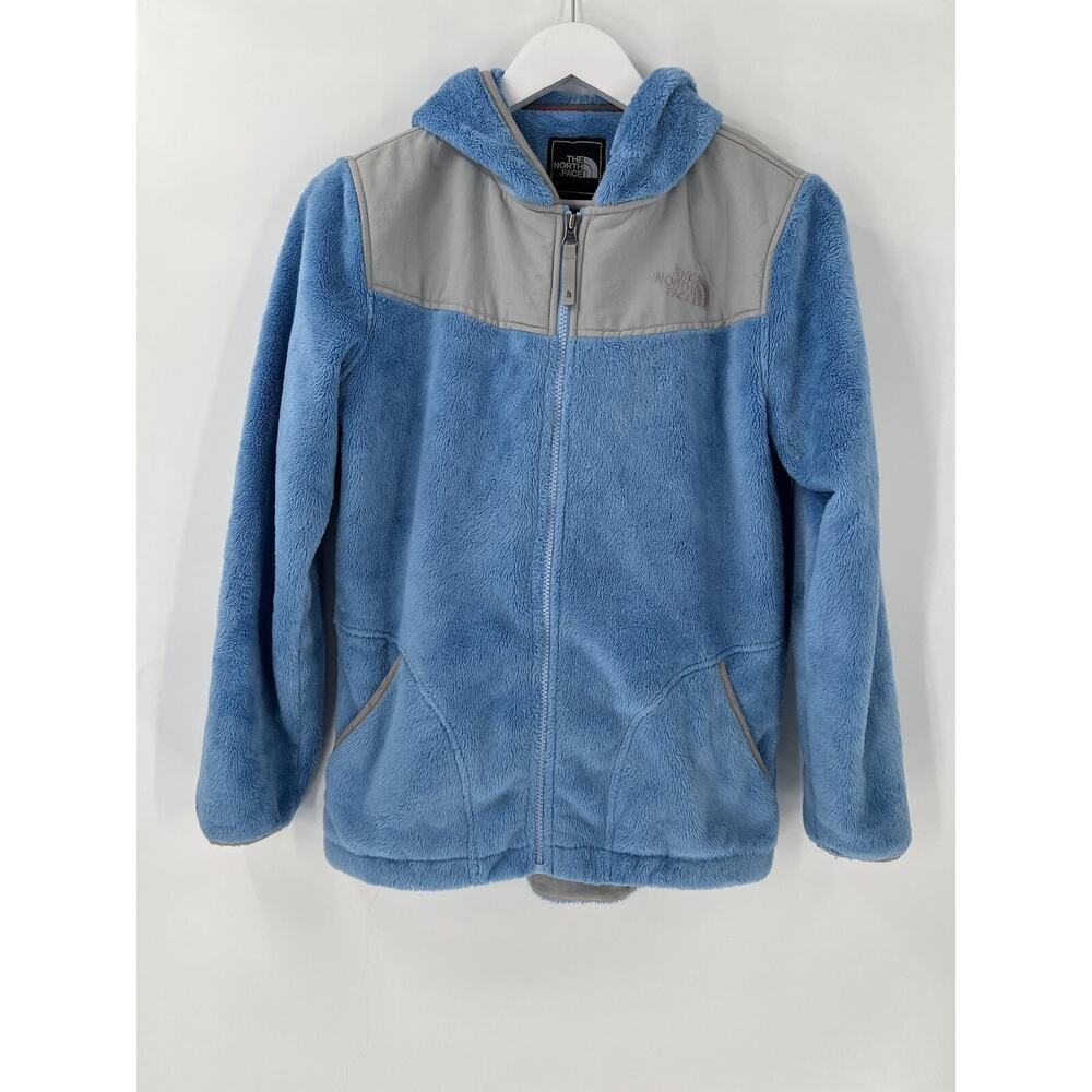 The North Face Girls Jacket XL Blue Gray Fleece Hooded Pockets Full Zip Logo
